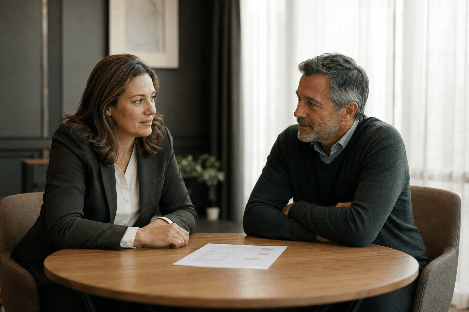 An advisor and an incorporated business owner in conversation over a corporate financial statement in a calm, modern meeting room.