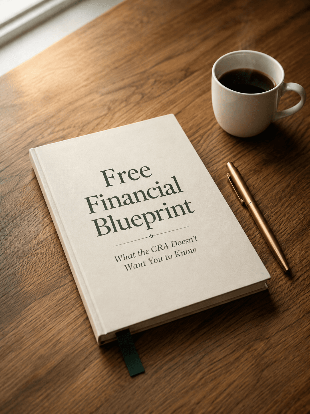 A bound Oakridge Financial Blueprint document resting on a desk beside a pen and a cup of coffee.
