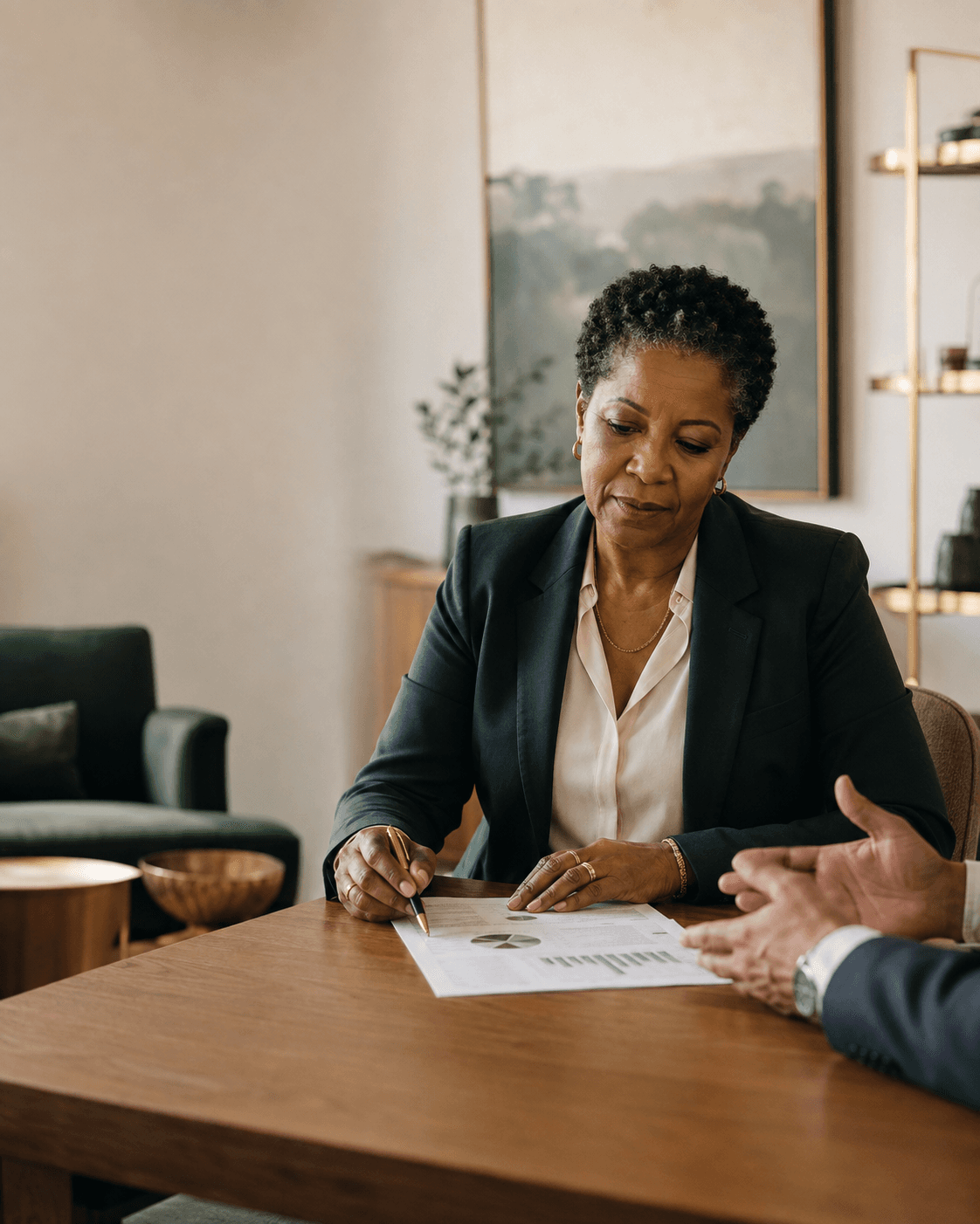 A business owner reviewing corporate financial documents at a wood desk in a naturally lit office, with the Oakridge Savings advisor listening across the table.